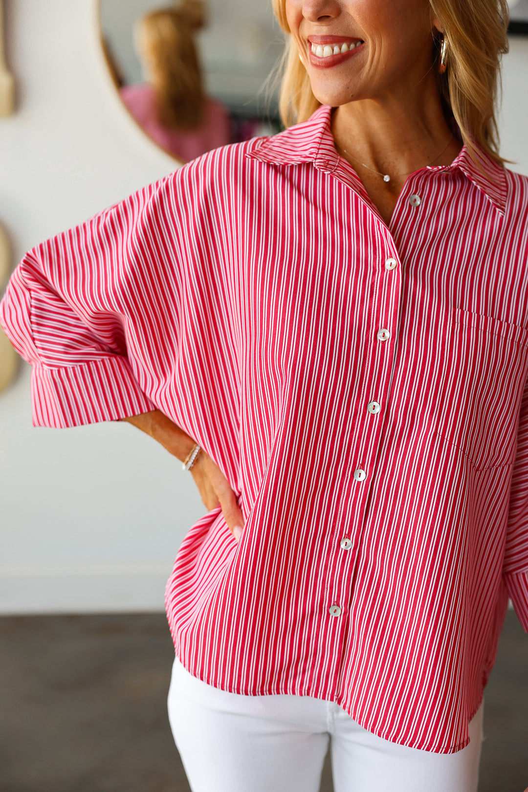 Striped Button Down Top - Red