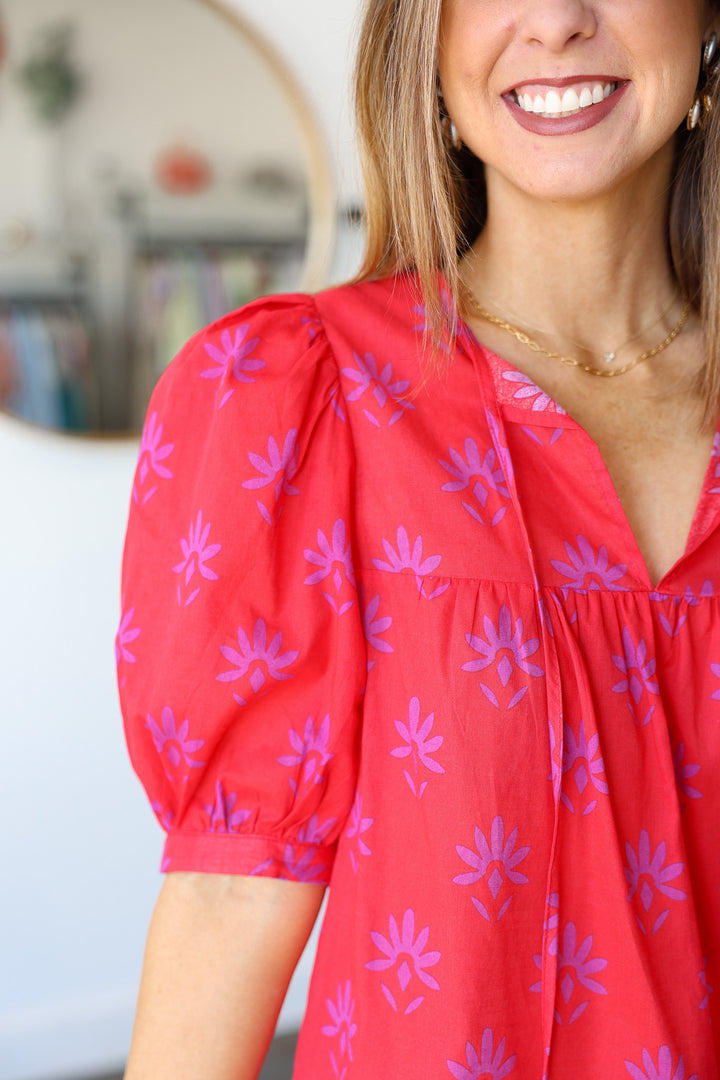 Printed Tie Front Top - Red