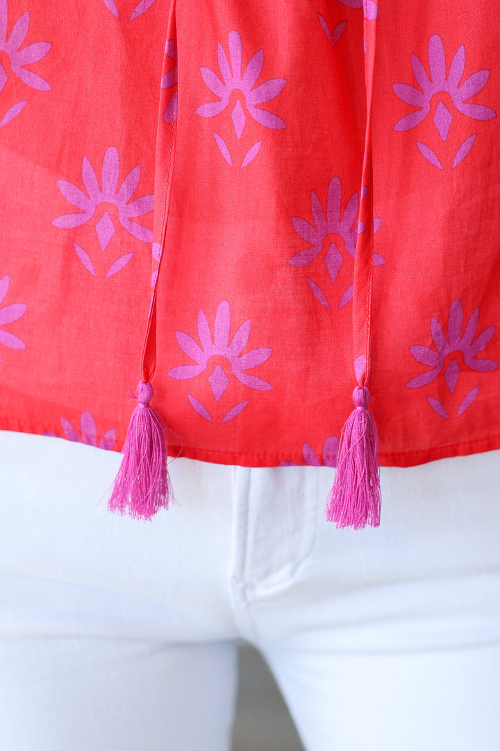 Printed Tie Front Top - Red