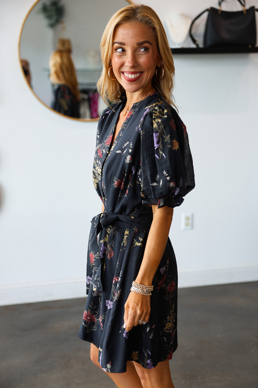 Floral Tie Waist Dress - Black