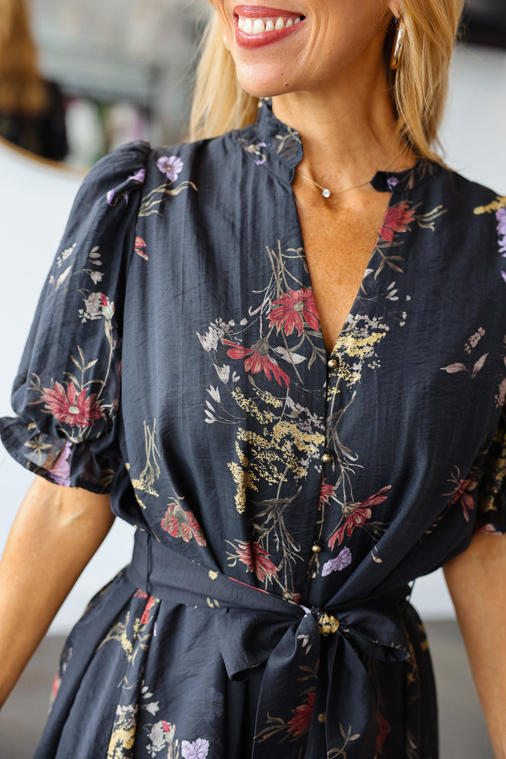 Floral Tie Waist Dress - Black
