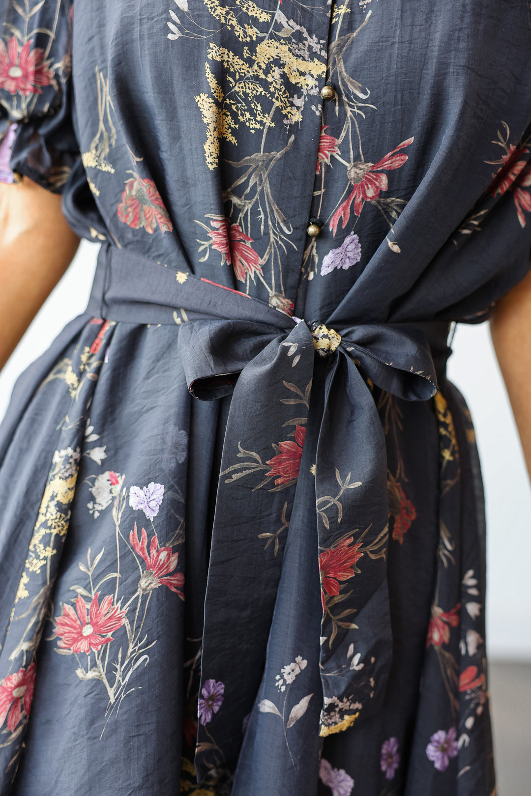 Floral Tie Waist Dress - Black