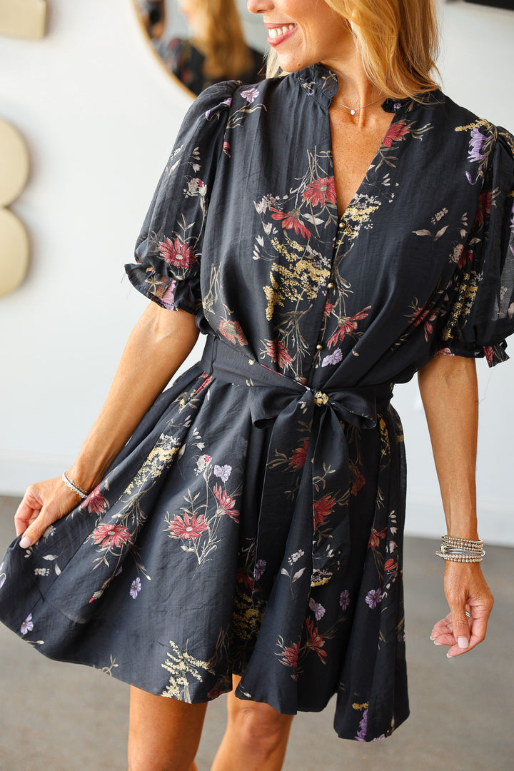 Floral Tie Waist Dress - Black