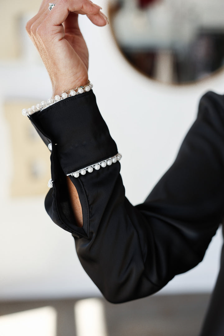 Pearl Trim Satin Button Down - Black