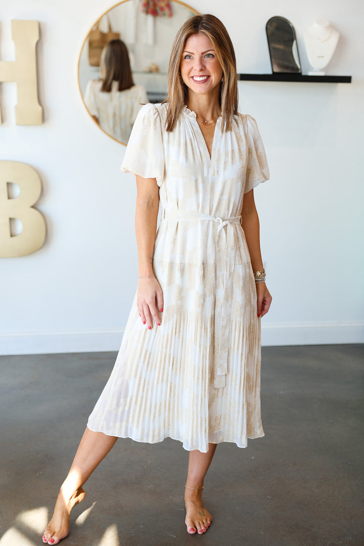 Pleated Skirt Midi Dress - Natural