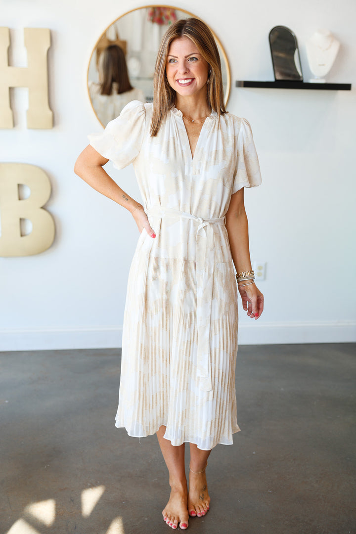 Pleated Skirt Midi Dress - Natural