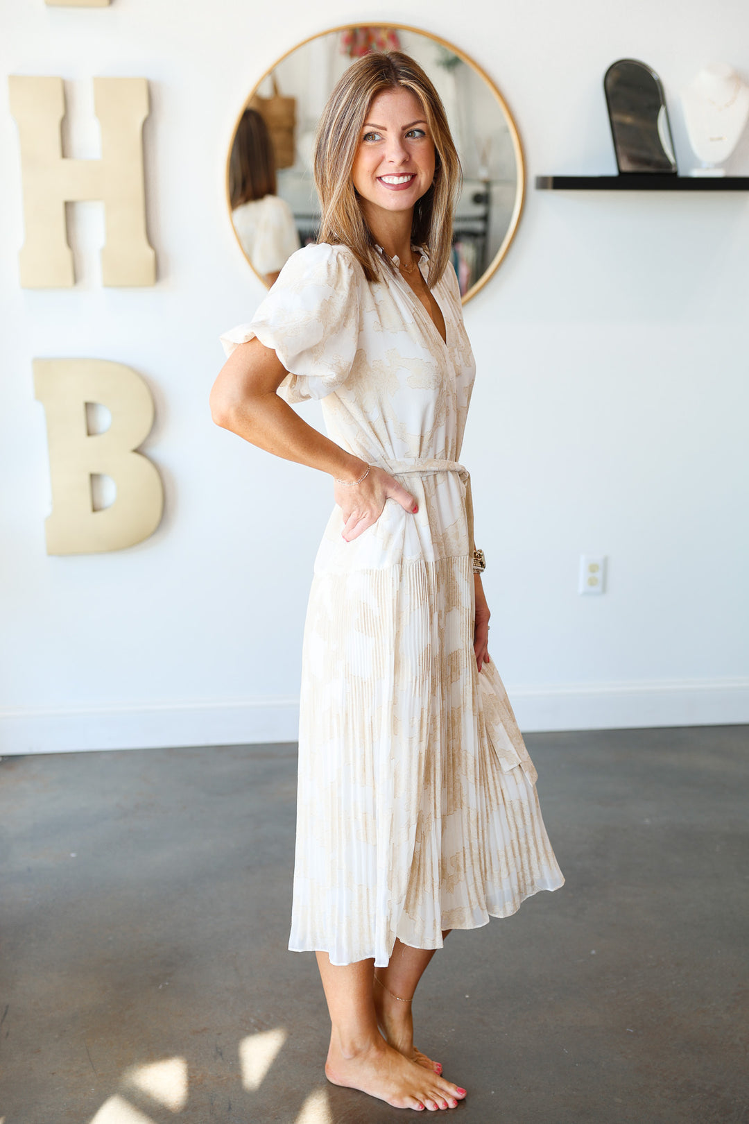 Pleated Skirt Midi Dress - Natural