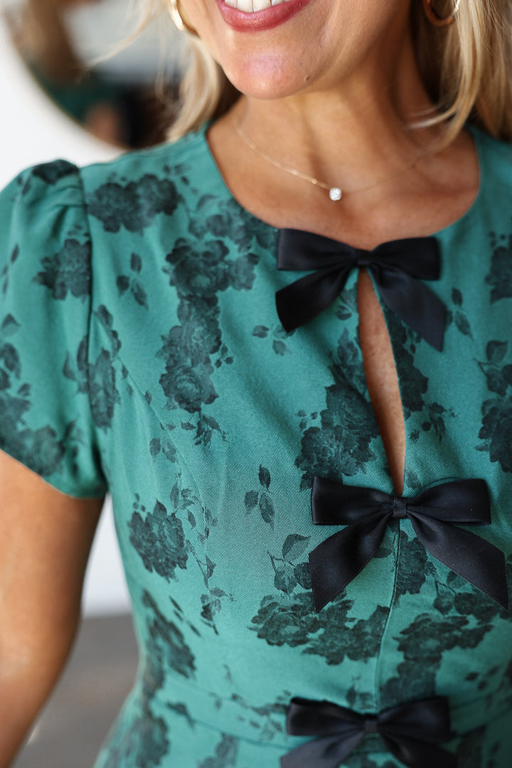 Bow Front Jacquard Midi dress - Green