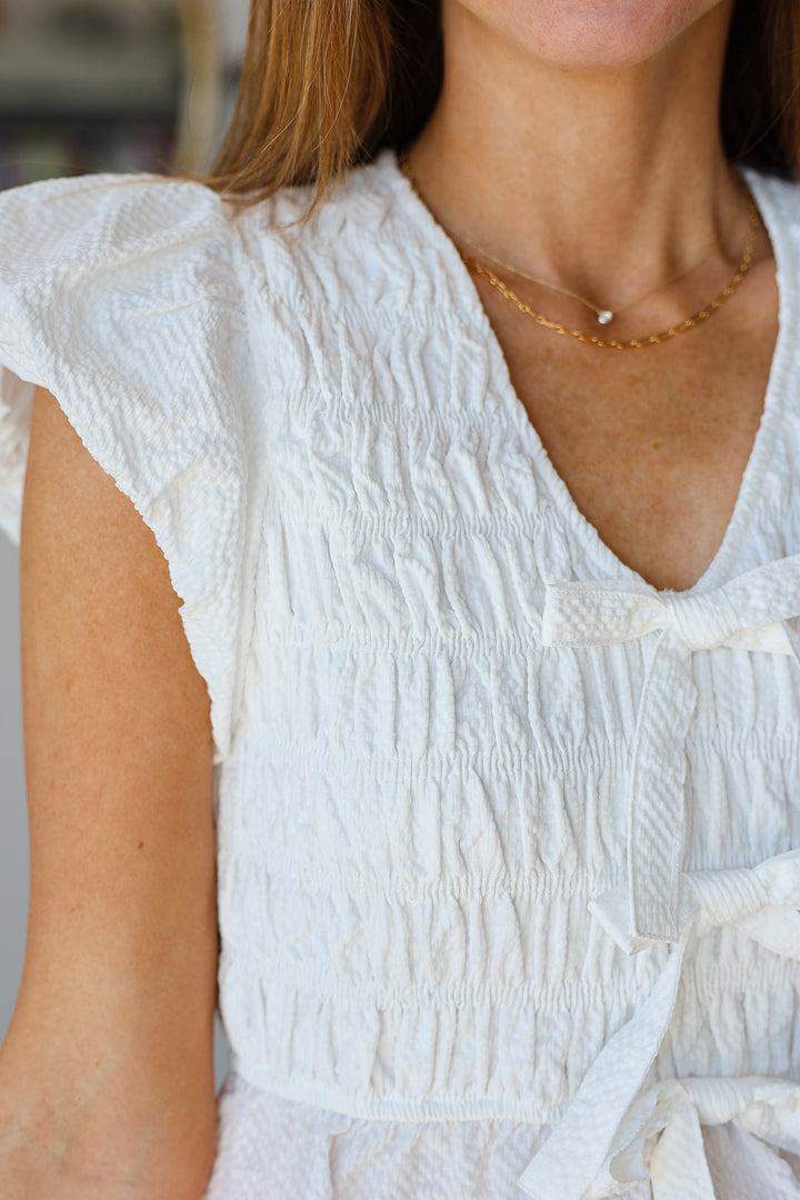 Bow Front Smocked Top - White