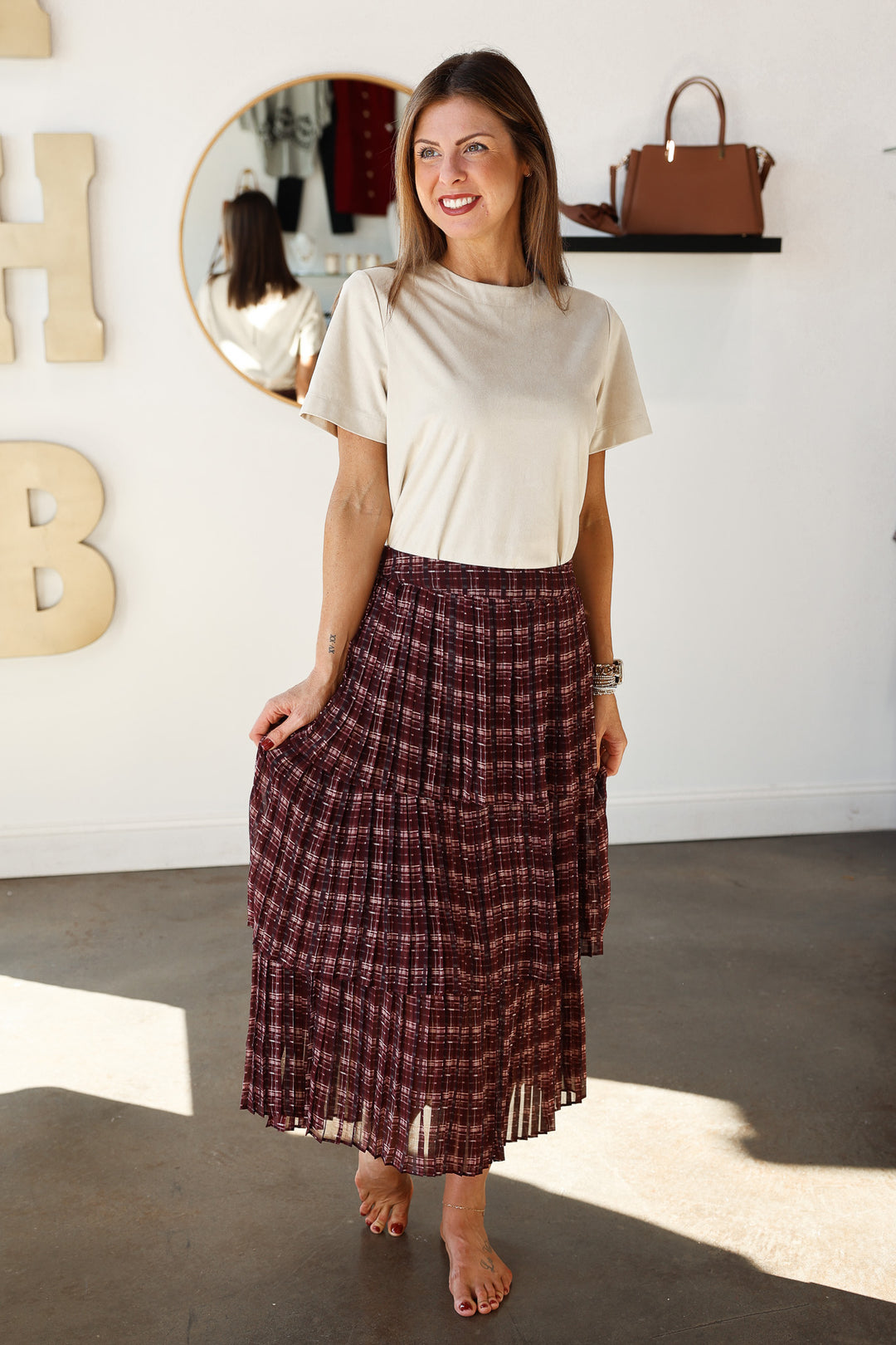 Pleated Tiered Skirt - Burgundy