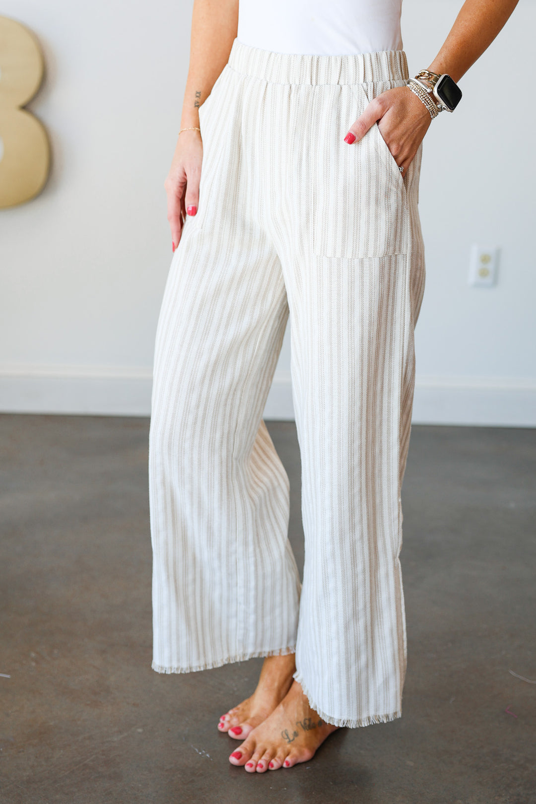 Striped Wide Leg Pants - Taupe/Off White