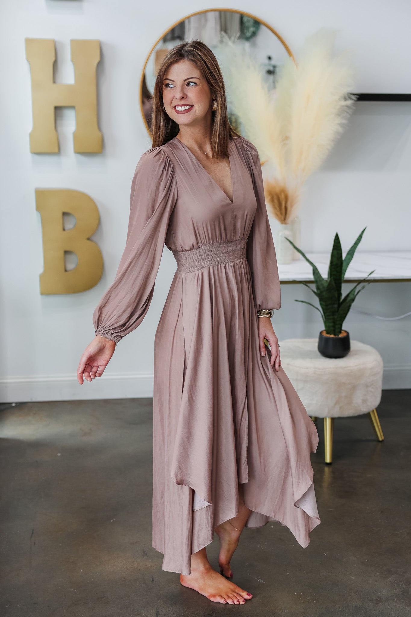 Satin maxi shop long sleeve dress