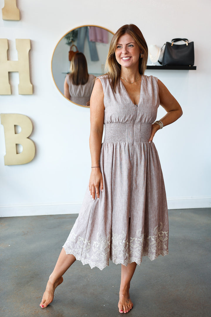 Embroidered Hem Front Zip Dress - Brown