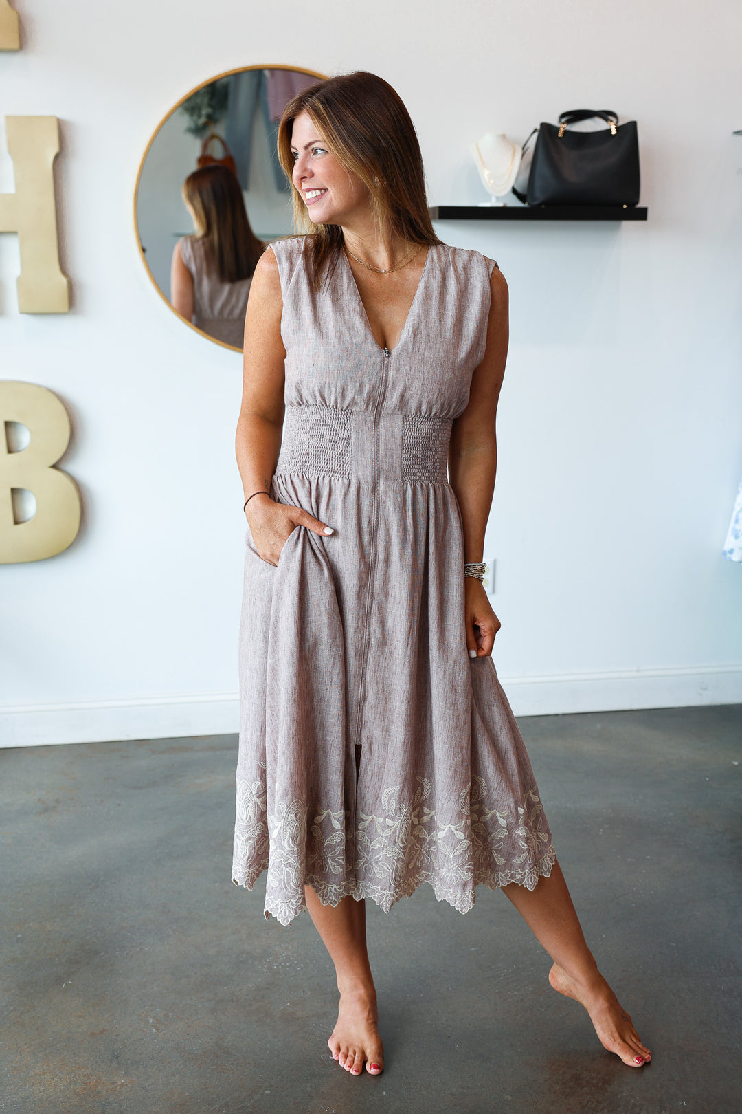 Embroidered Hem Front Zip Dress - Brown