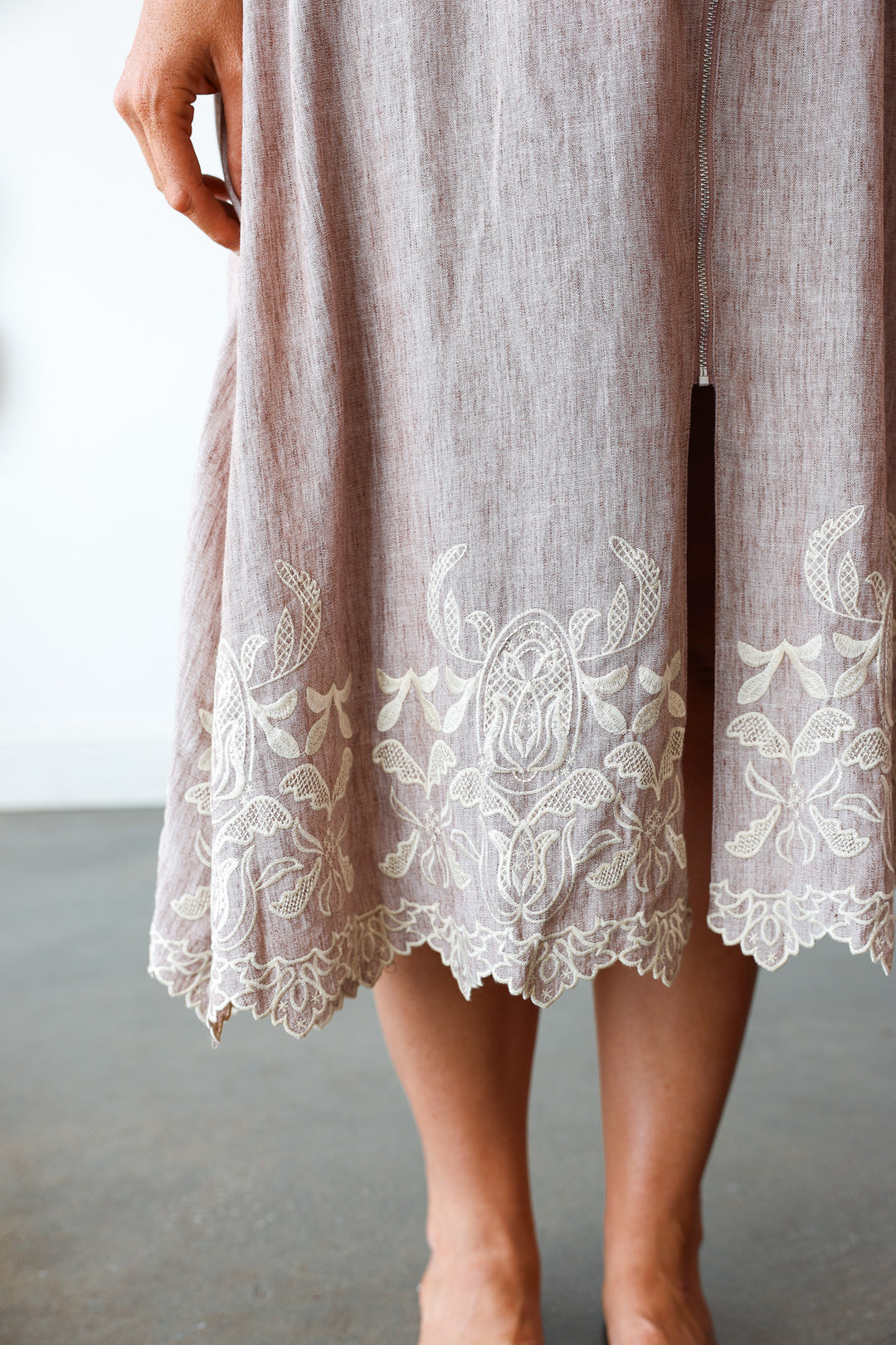 Embroidered Hem Front Zip Dress - Brown