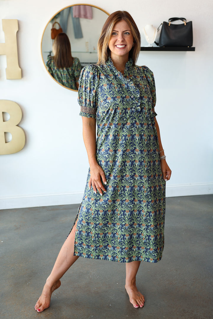 Ruffle Neck Printed Dress - Navy