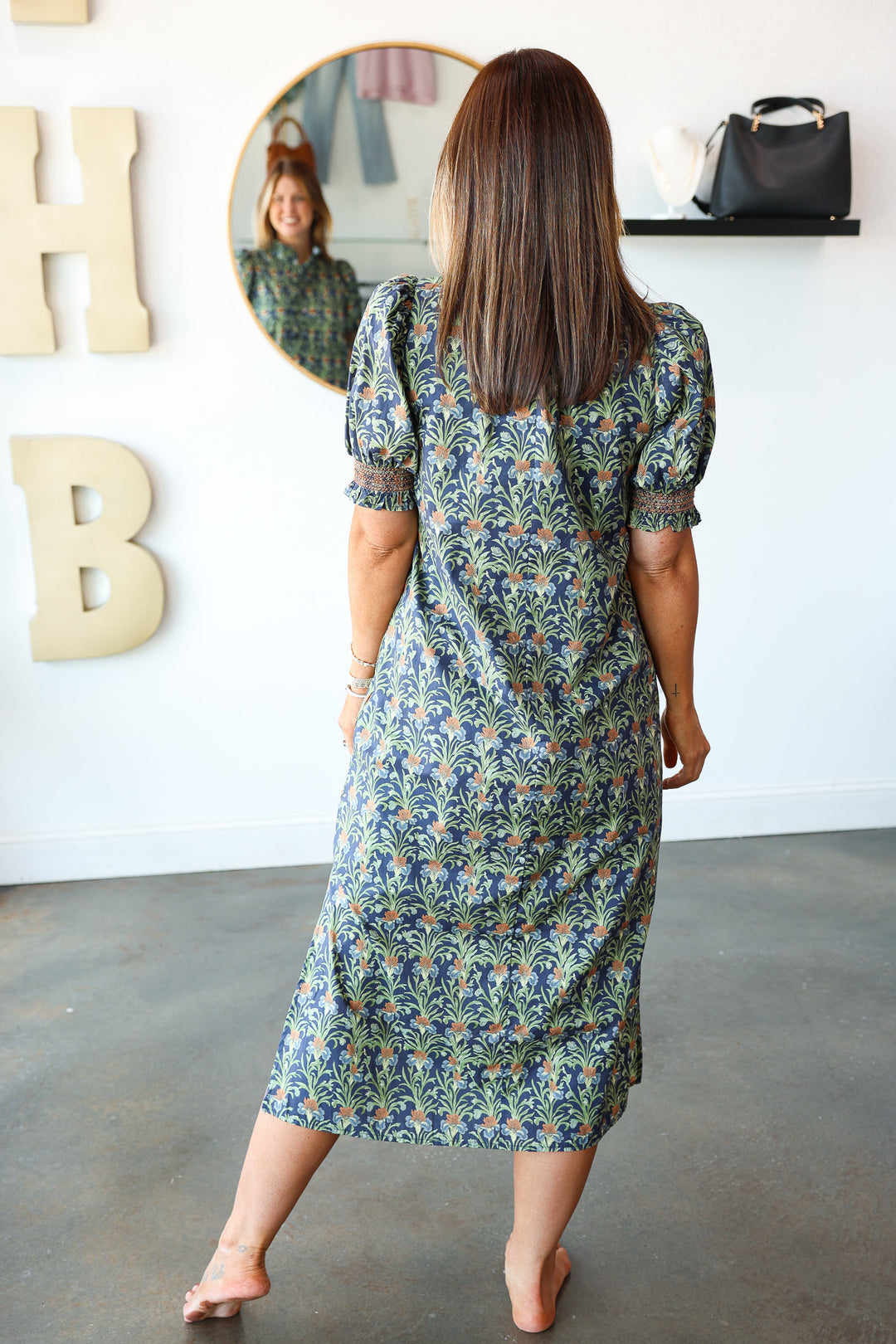 Ruffle Neck Printed Dress - Navy