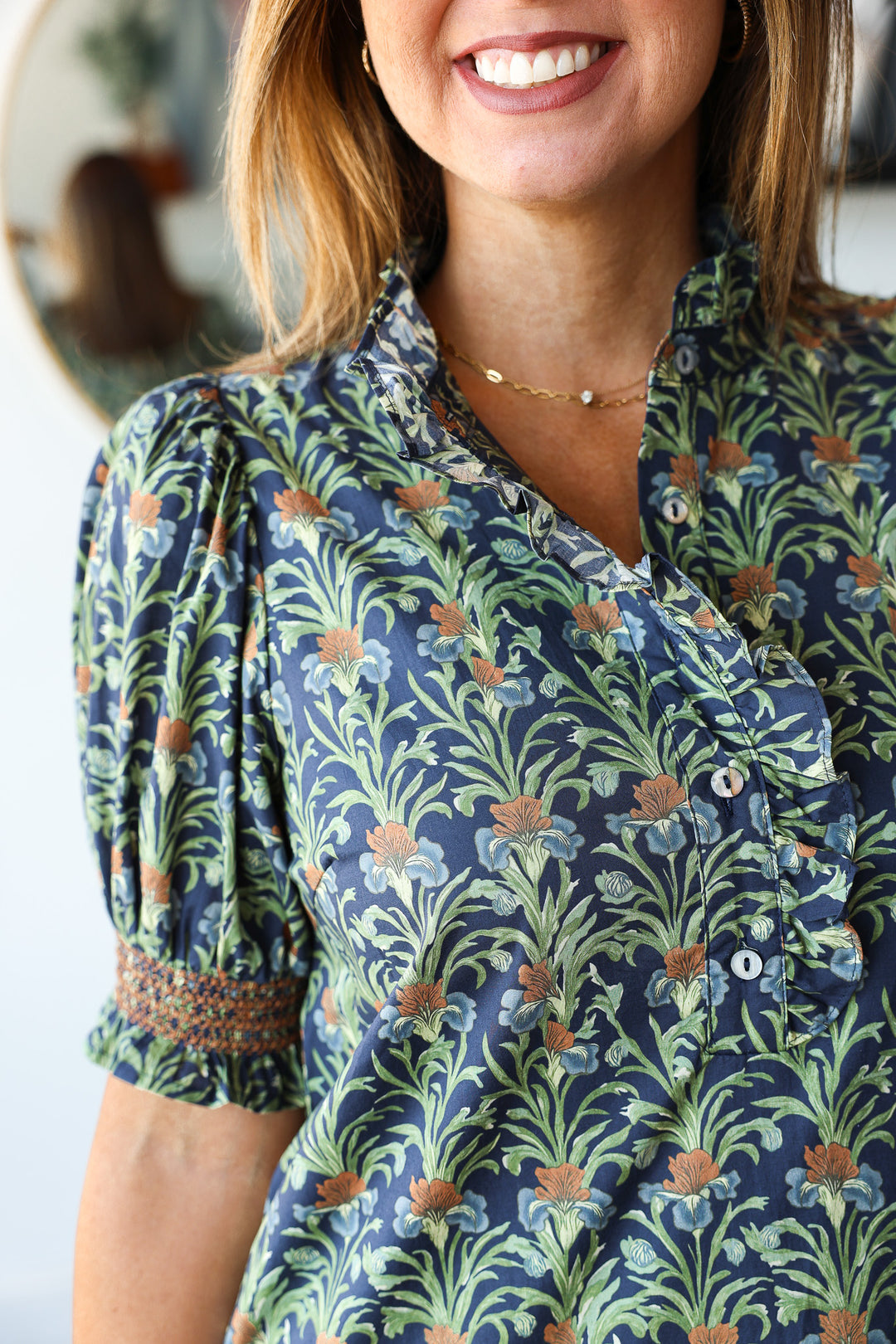 Ruffle Neck Printed Dress - Navy