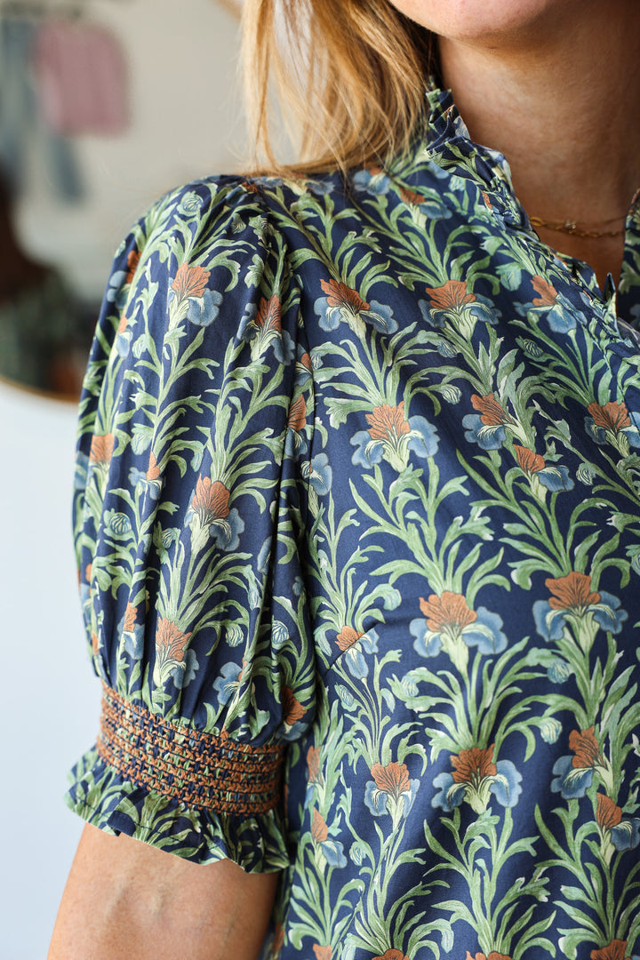 Ruffle Neck Printed Dress - Navy