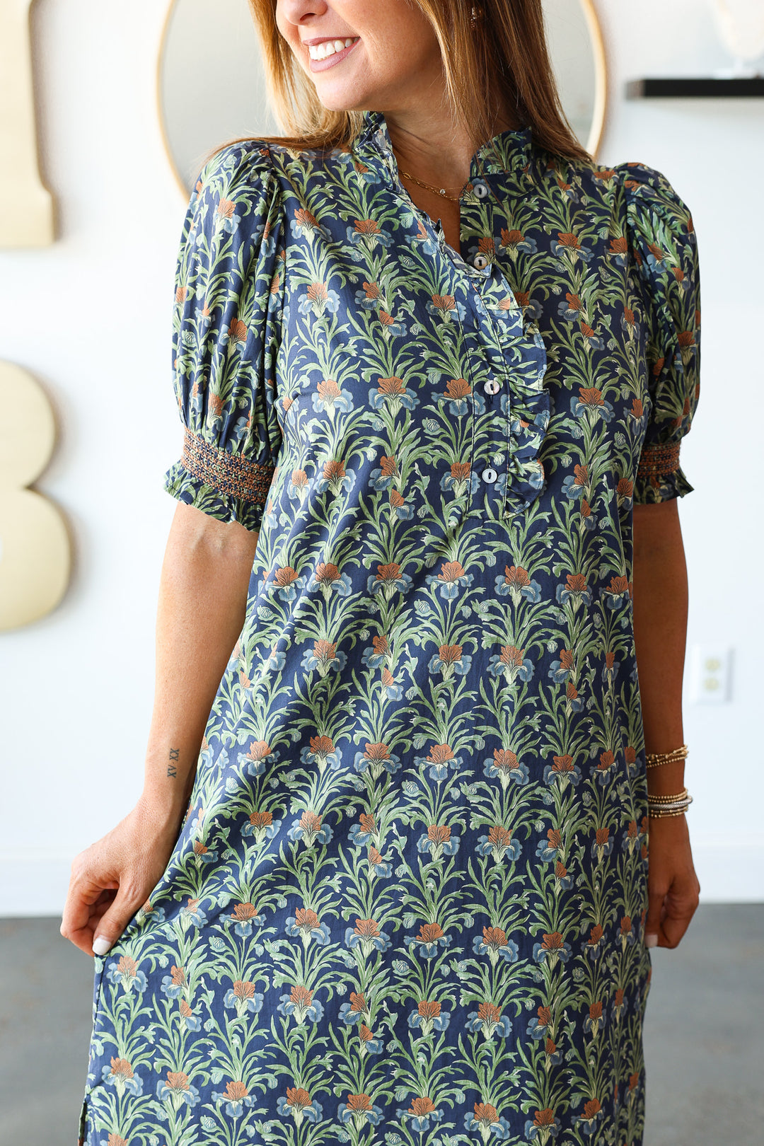 Ruffle Neck Printed Dress - Navy