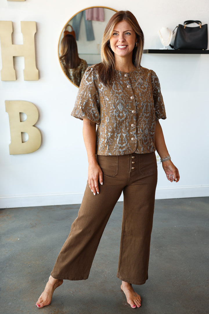 Button Front Jacquard Top - Brown