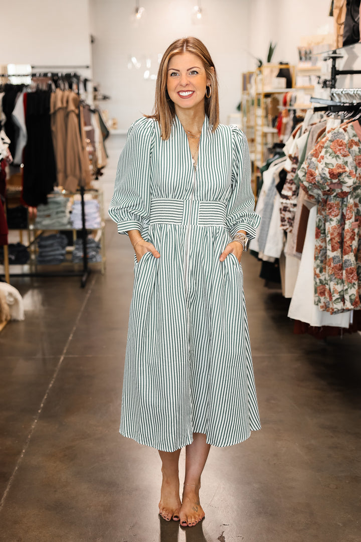 Striped Smocked Waist Dress - Green