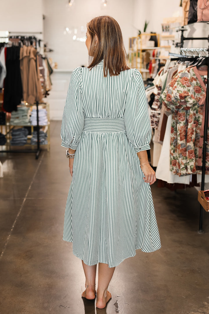 Striped Smocked Waist Dress - Green