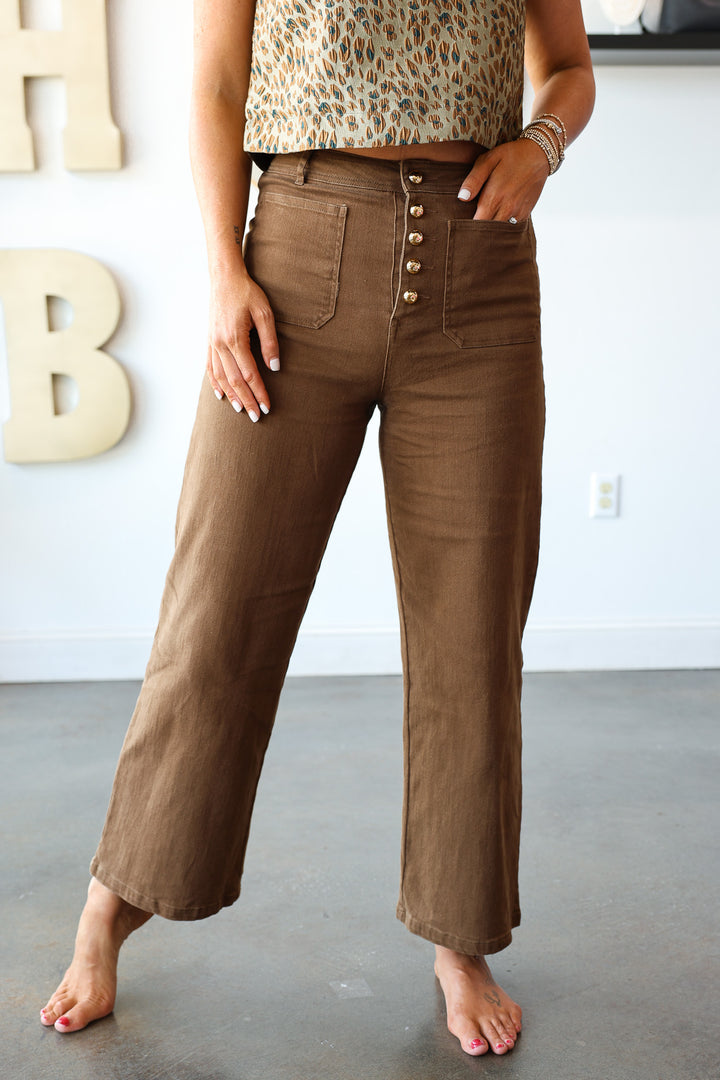 Button Front Jeans - Brown