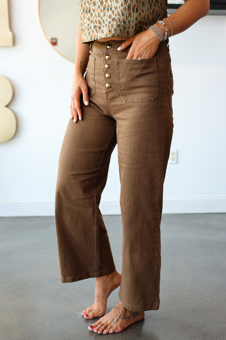 Button Front Jeans - Brown