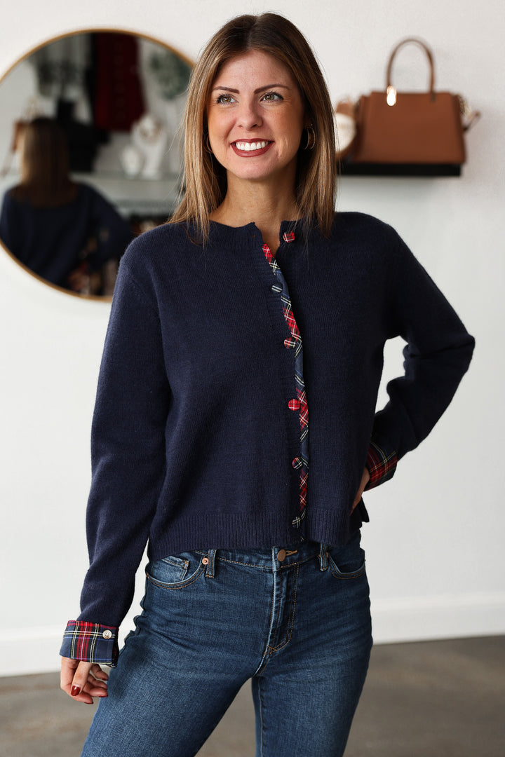 Plaid Trim Sweater - Navy