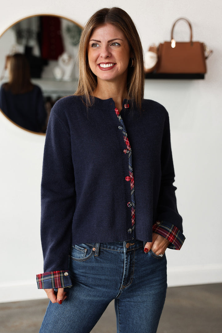 Plaid Trim Sweater - Navy