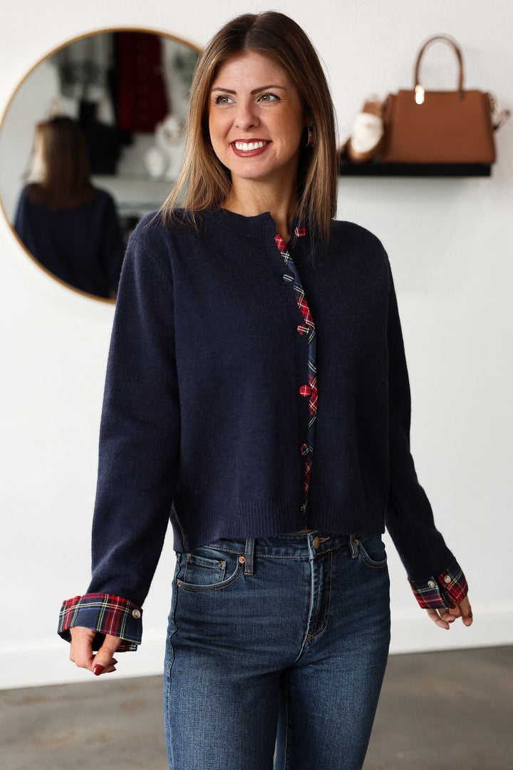 Plaid Trim Sweater - Navy