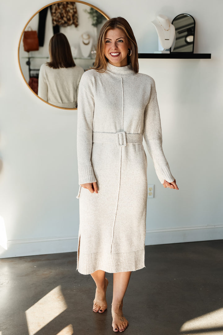 Belted Mock Neck Sweater Dress - Oatmeal