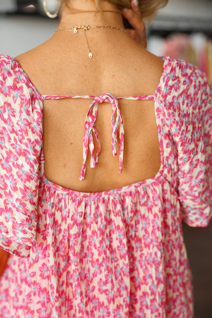 Floral Tie Back Mini Dress - Fuchsia