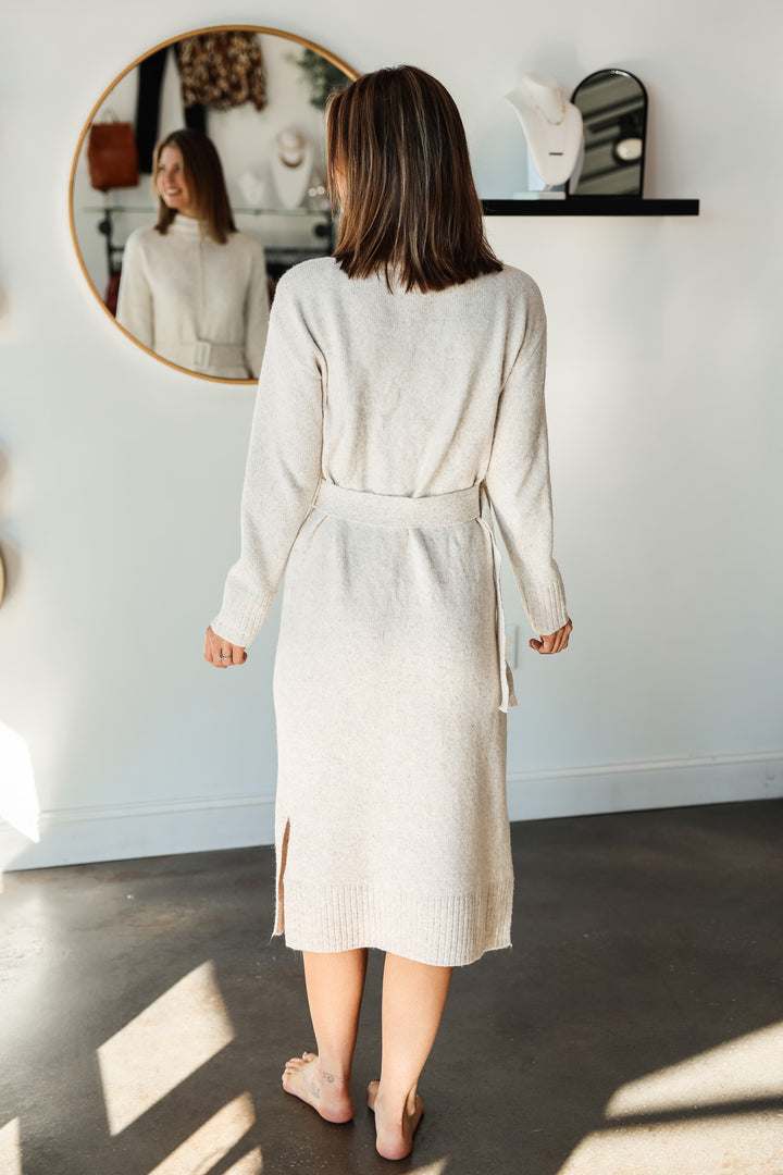 Belted Mock Neck Sweater Dress - Oatmeal