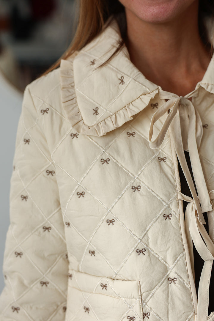 Bow Embroidered Quilted Jacket - Cream