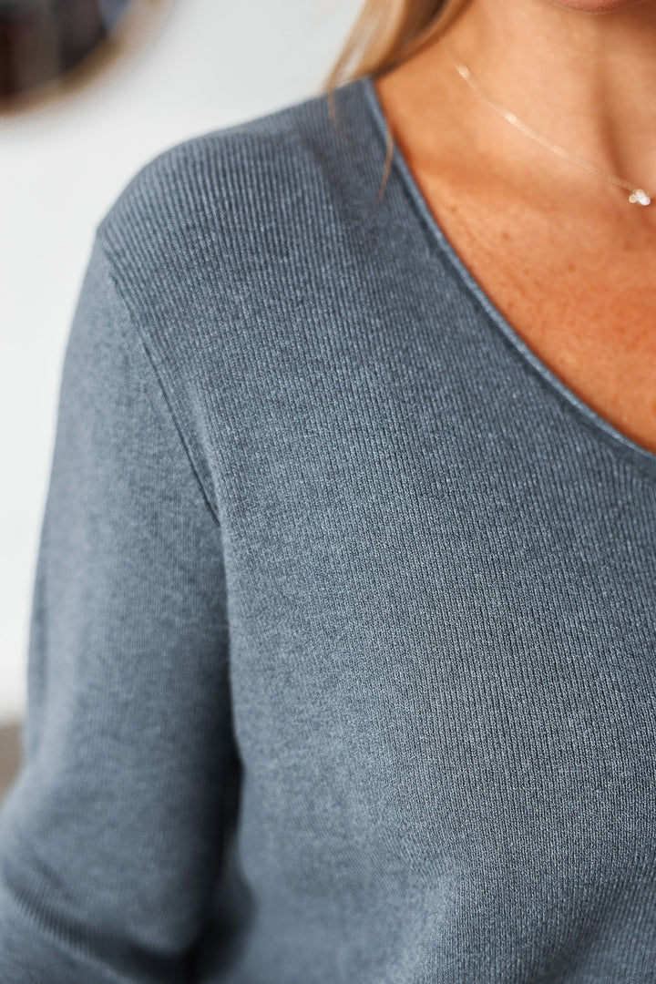 V Neck Long Sleeve Sweater - Charcoal