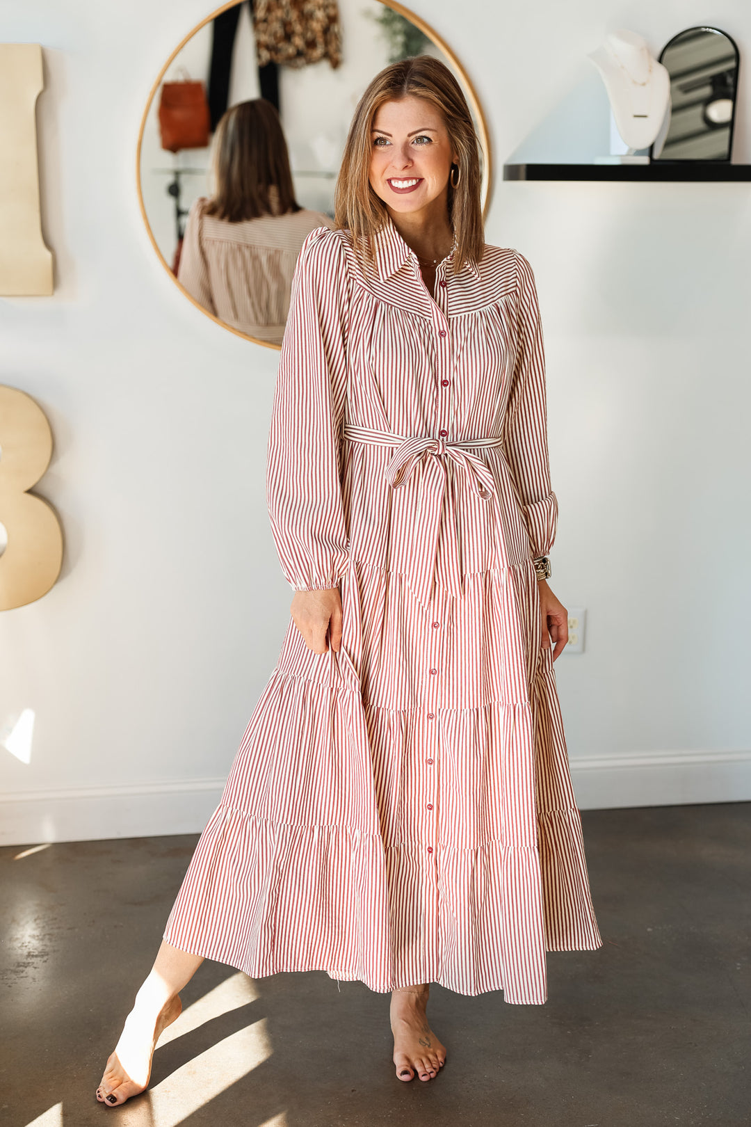 Long Sleeve Striped Maxi Dress - Cinnamon