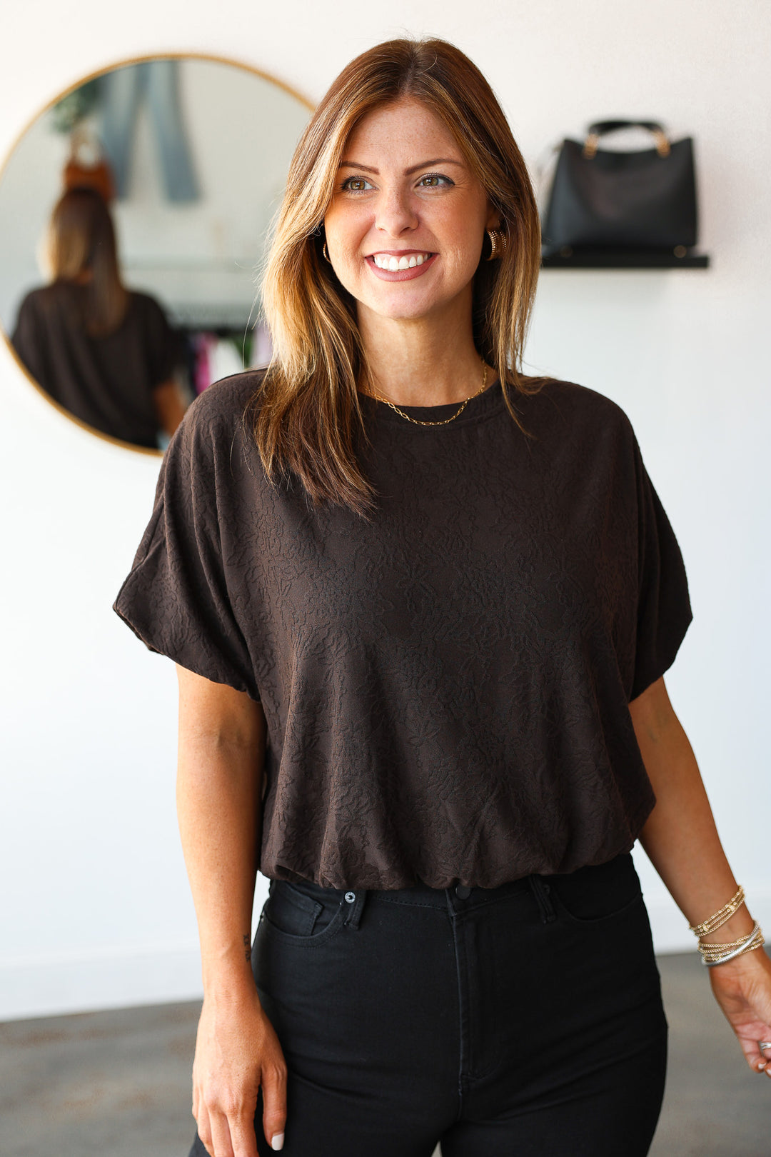 Bubble Hem Textured Top - Brown
