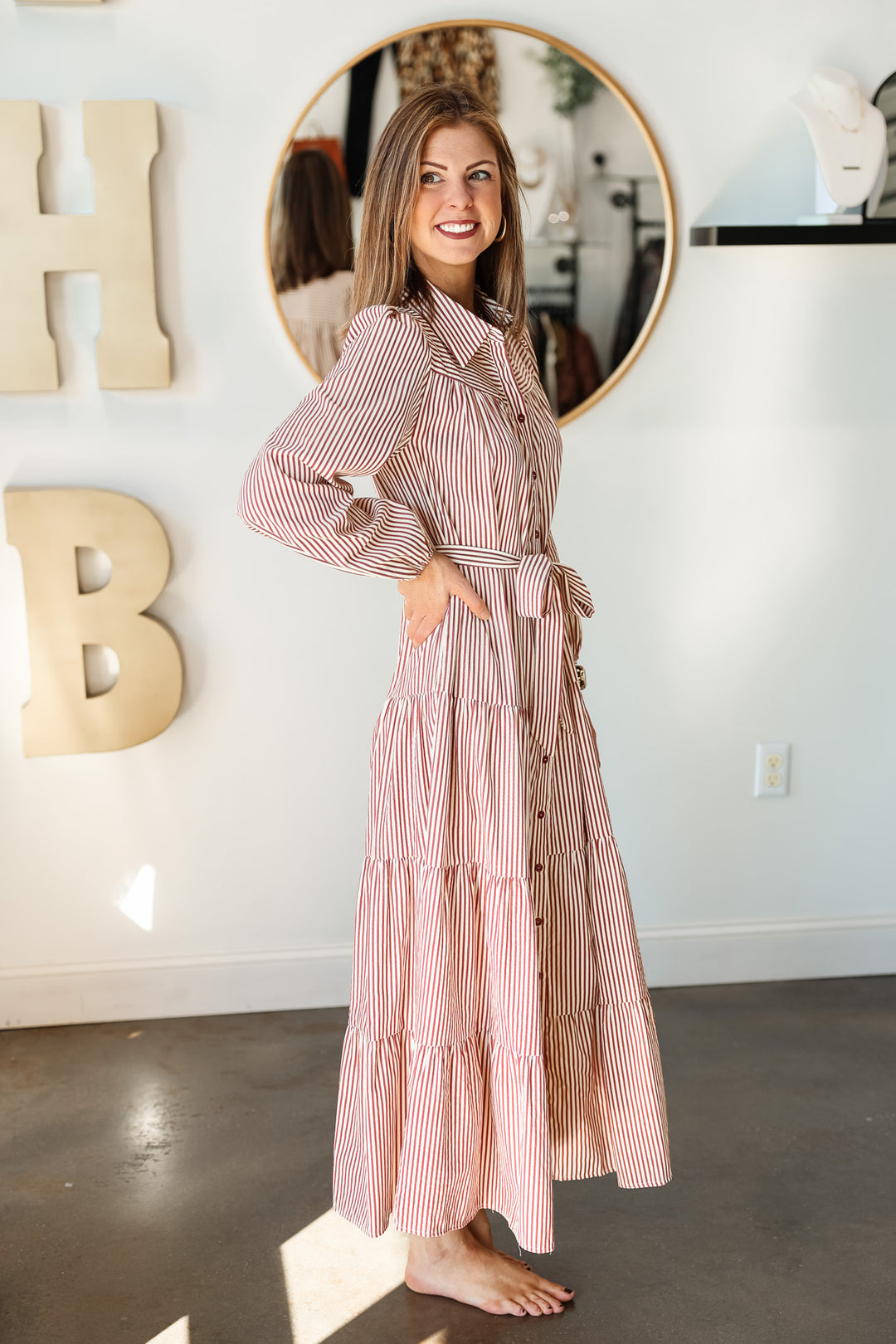 Long Sleeve Striped Maxi Dress - Cinnamon