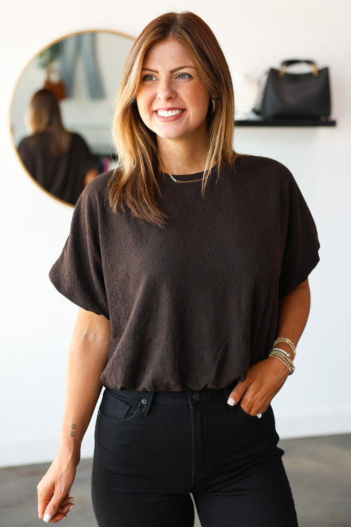 Bubble Hem Textured Top - Brown