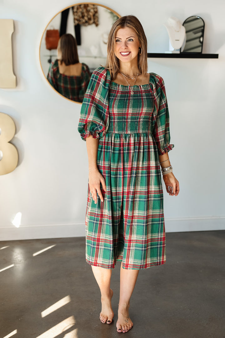 Smocked Plaid Dress - Green