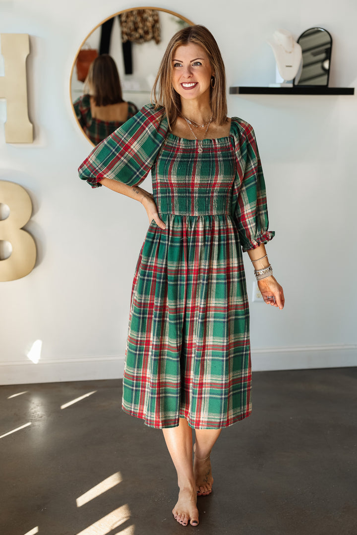 Smocked Plaid Dress - Green