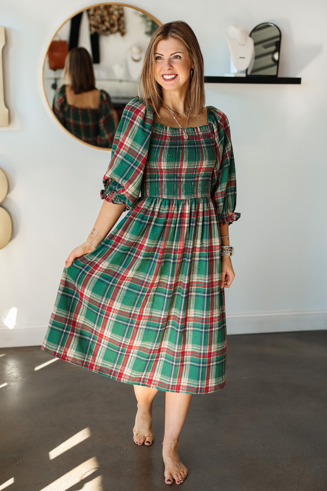 Smocked Plaid Dress - Green