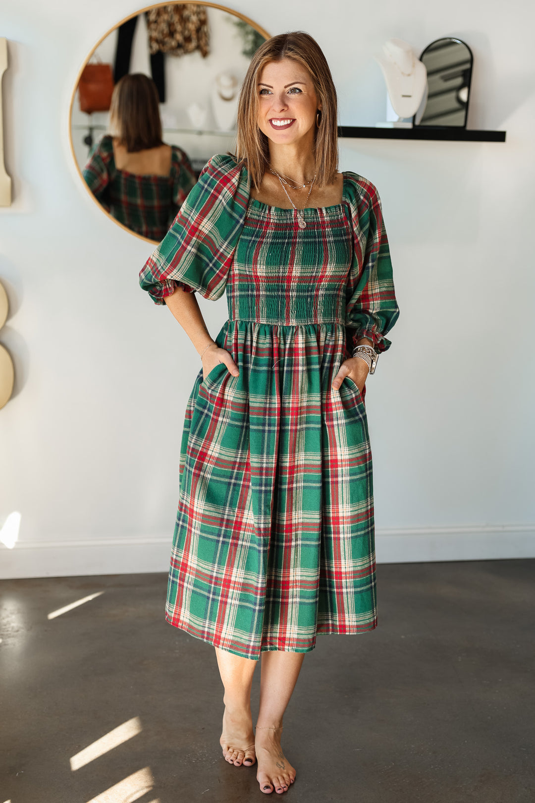 Smocked Plaid Dress - Green