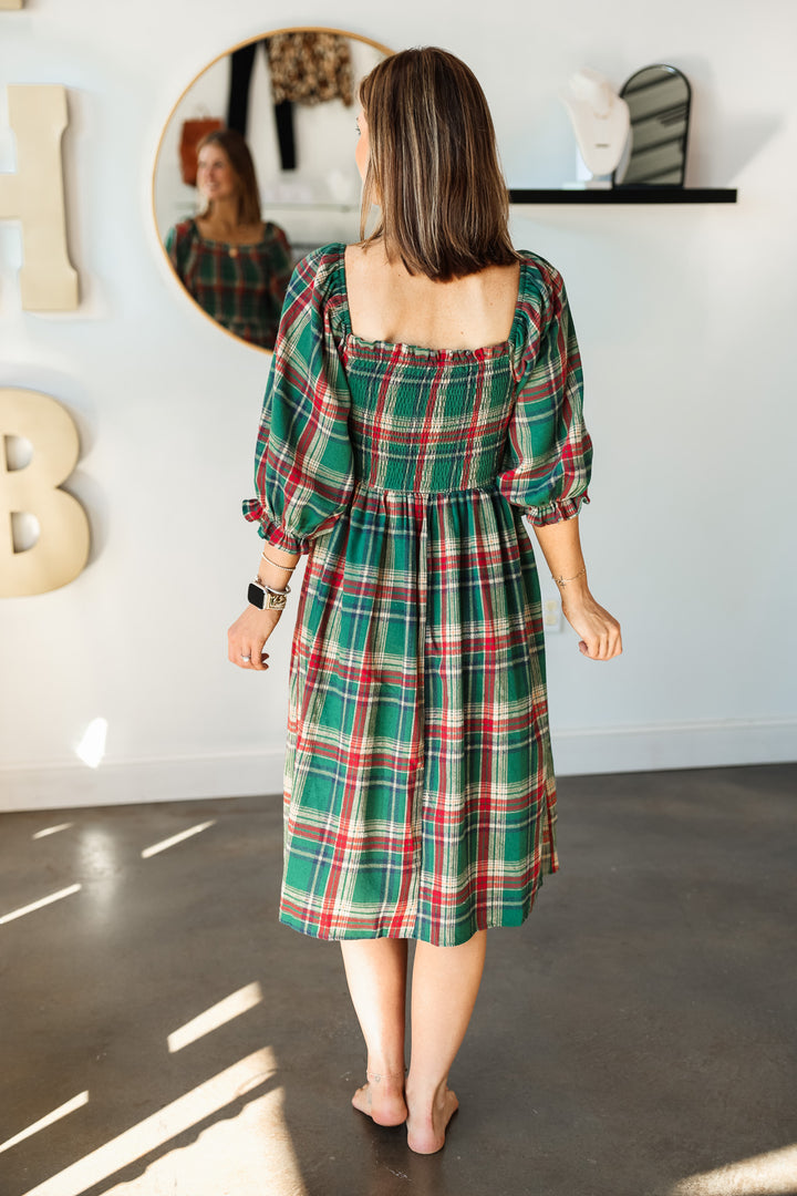 Smocked Plaid Dress - Green