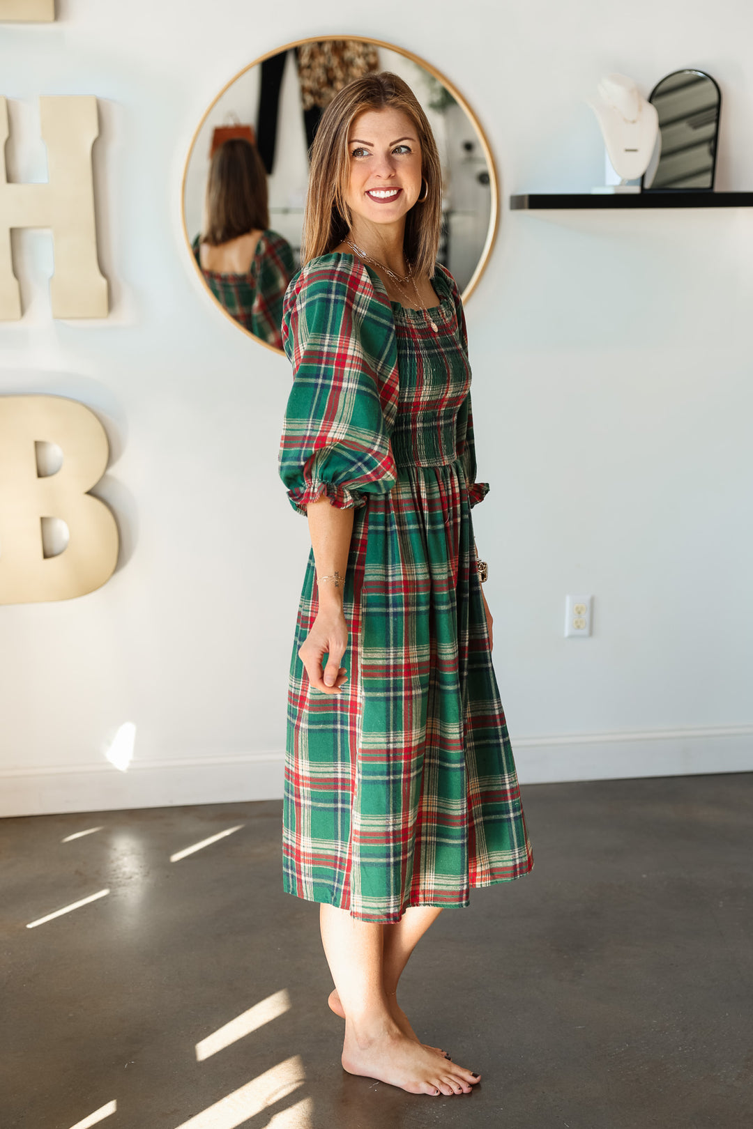 Smocked Plaid Dress - Green