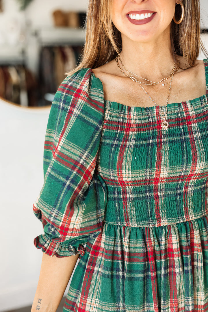 Smocked Plaid Dress - Green