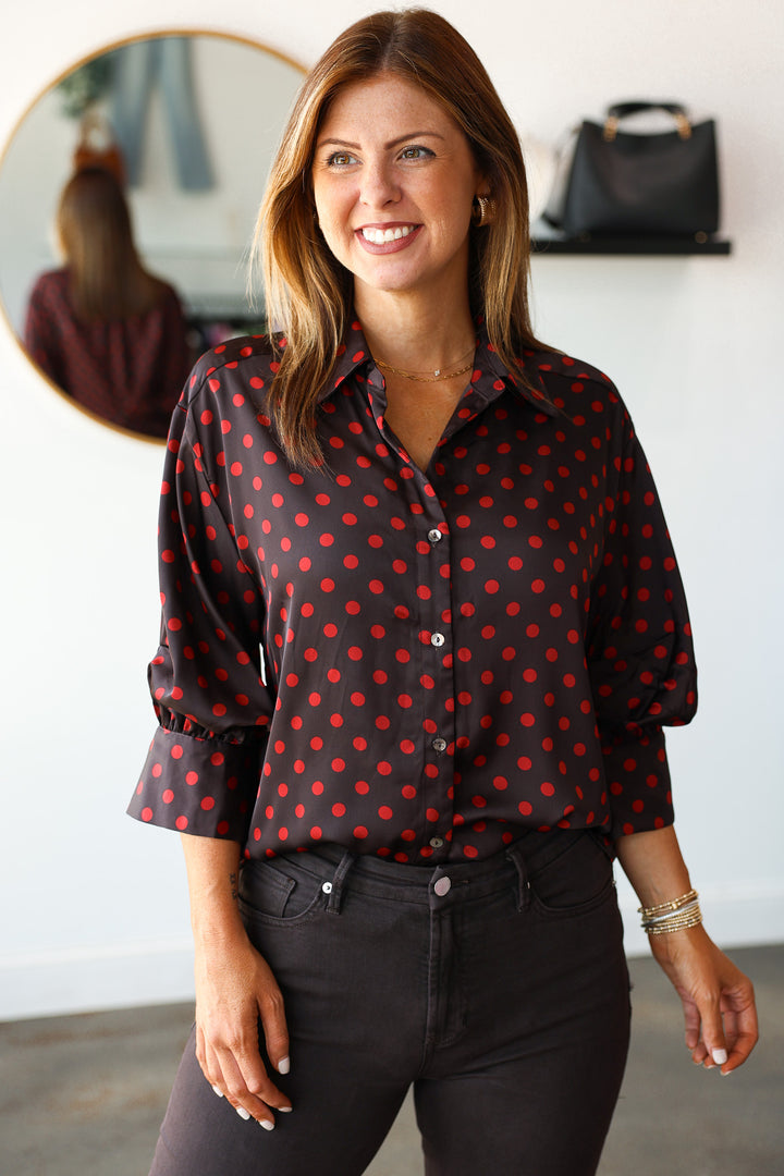 Polka Dot Button Down Top - Brown/Red