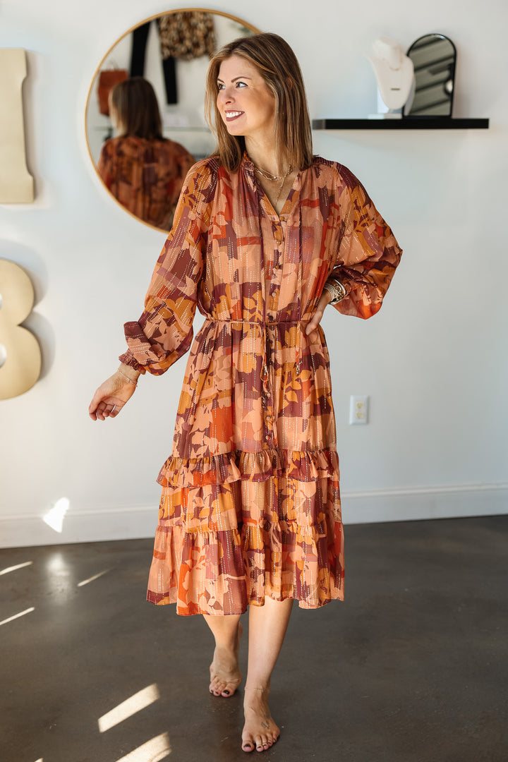 Fall Printed Dress - Brown Multi